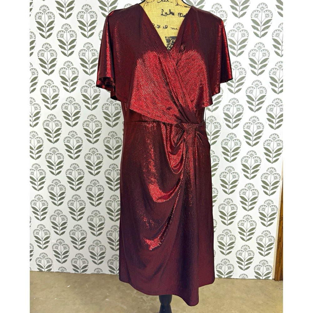 Kensie Red Metallic Wrap Midi Dress V-Neck Lined Party/Cocktail Size 12 NWT
